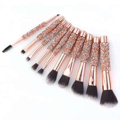 Rose Gold Glitter Rhinestone make up brushes with PU bag 10pcs crystal diamond makeup brush set