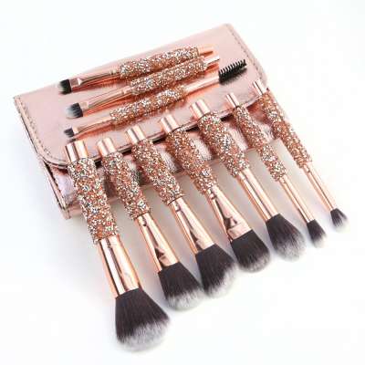 Diamond Glitter Handle  foundation rose golden makeup brushes 10pcs crystal diamond makeup brush set with PU bag